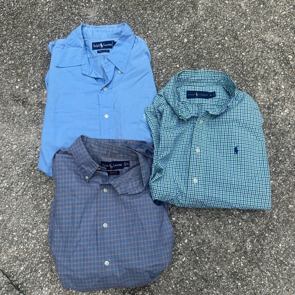 Ralph Lauren Mens Button Down Shirts Lot of 3 Plaid Gingham Solid Blue XL L